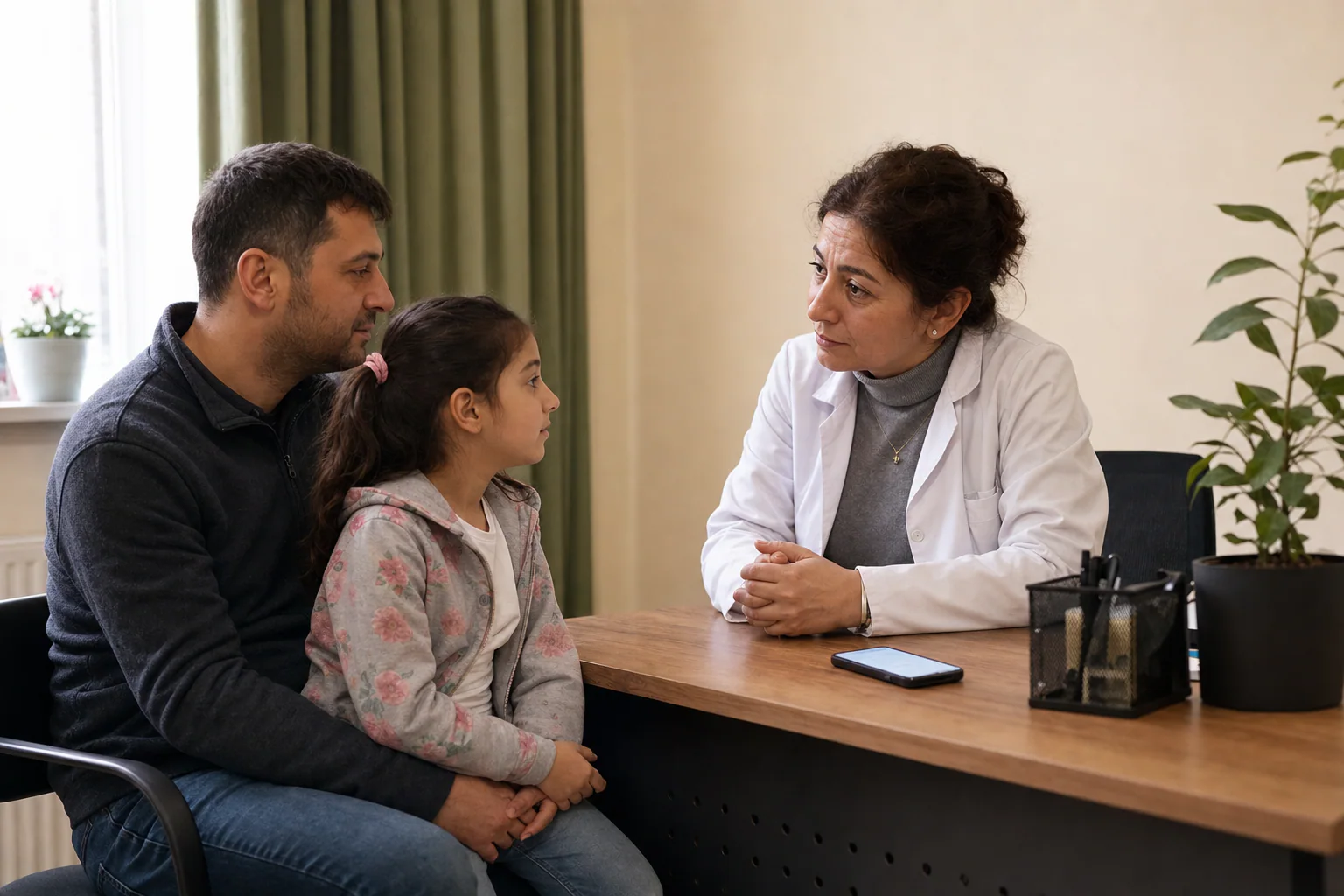 Bir Hausarzt, muayene sırasında bir yetişkin ve çocuğuyla konuşuyor