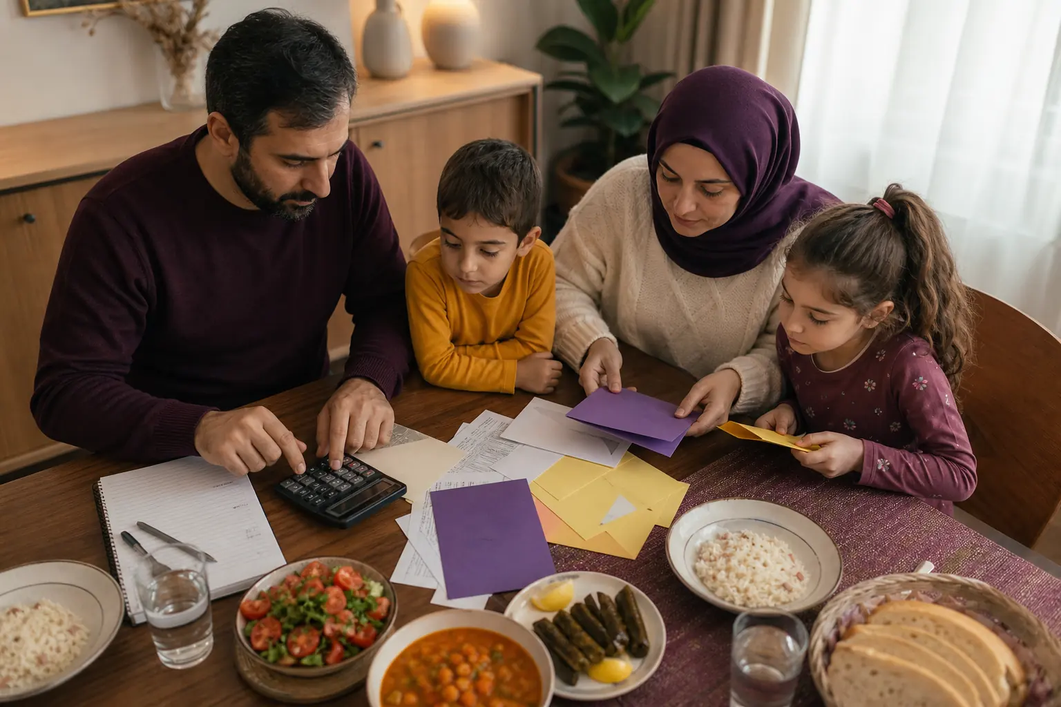 Aile, mutfak masasında renkli zarflar ve hesap makinesiyle sağlık bütçesini planlıyor