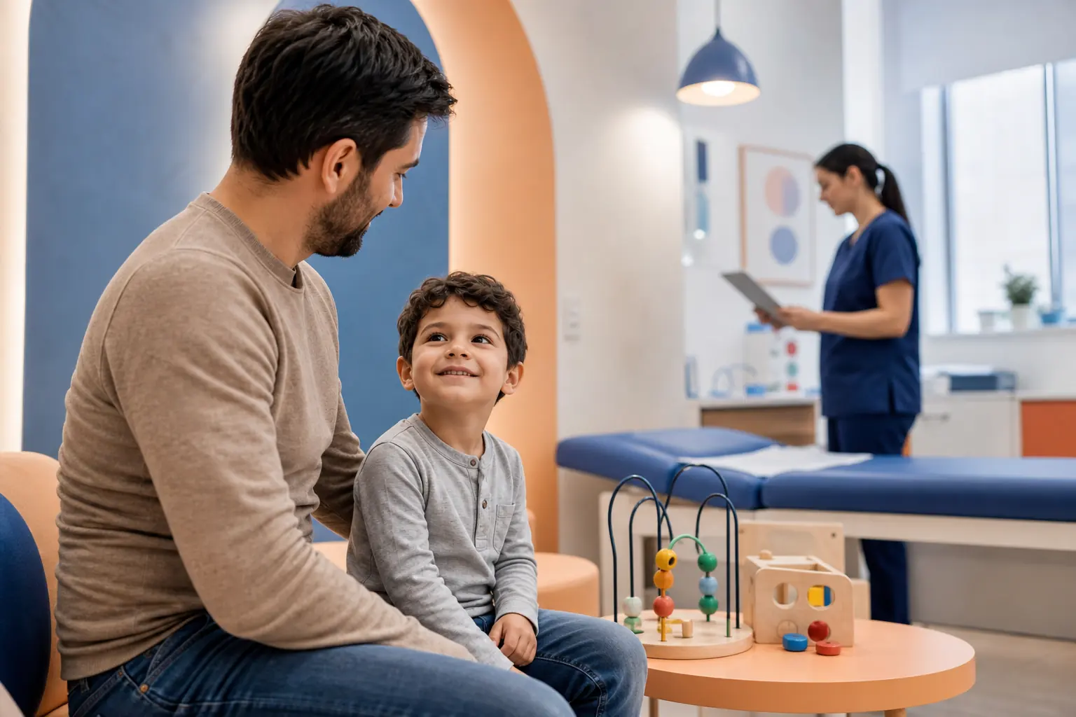 Çocuk sağlık kontrolü için aydınlık klinikte bekleyen bir baba ve çocuk