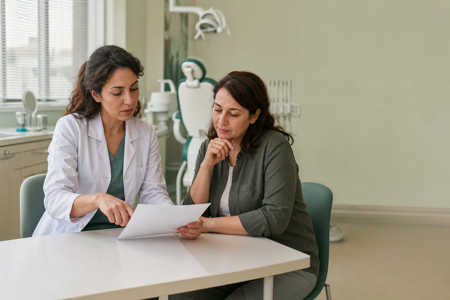 Bir diş hekimi, tedavi seçeneklerini ve maliyet belgelerini hastasıyla birlikte değerlendiriyor
